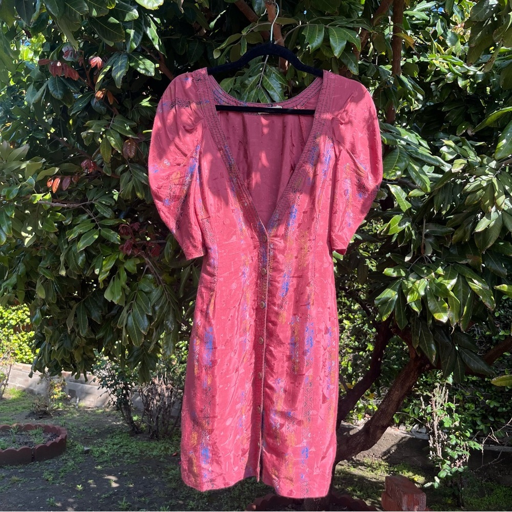RAVIN pink satin‎ printed contrast stitch puff short sleeve mini dress